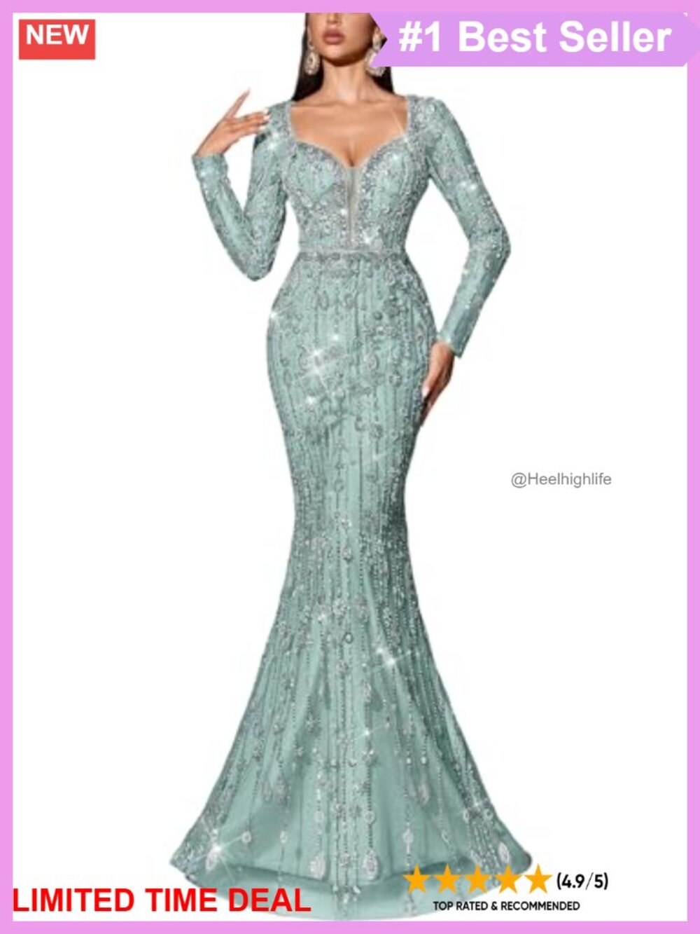 Sequined Beaded Mermaid Prom Dress Long Sleeve Formal Evening Gown